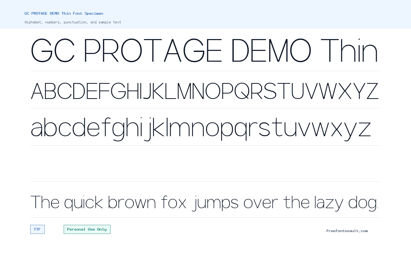 GC PROTAGE DEMO Thin font specimen showing alphabet, numbers, and sample text