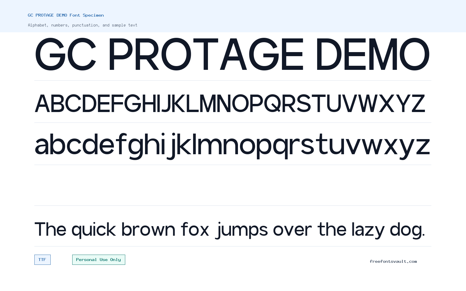 GC PROTAGE DEMO font specimen showing alphabet, numbers, and sample text