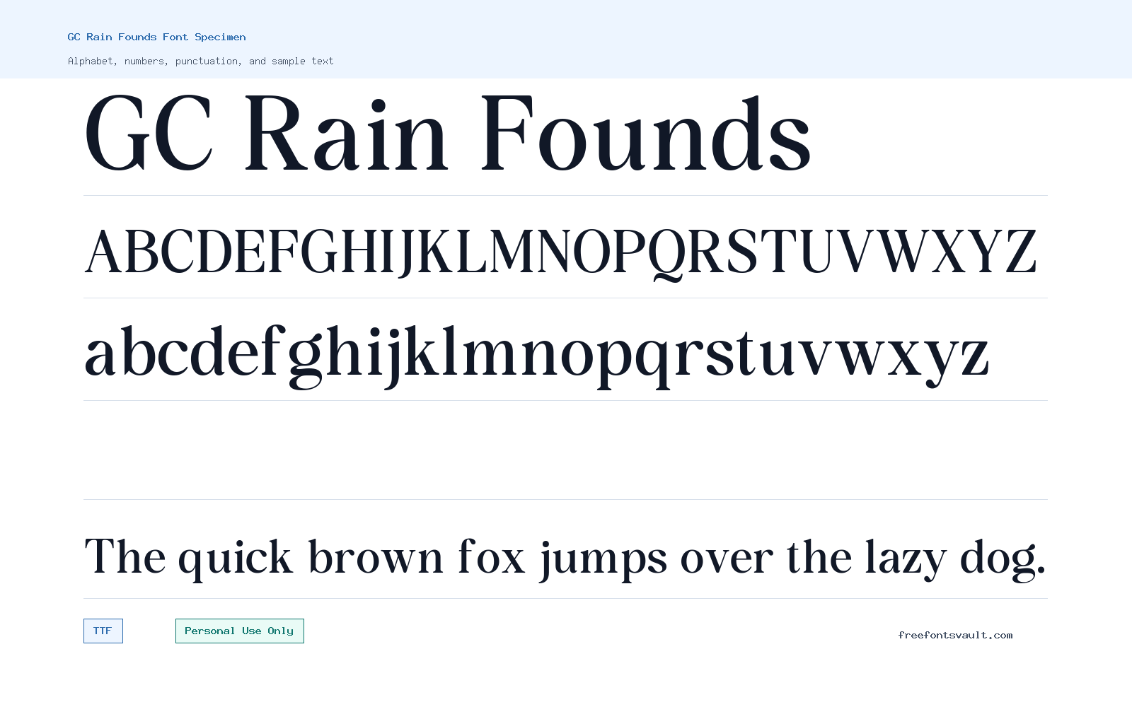 GC Rain Founds font specimen showing alphabet, numbers, and sample text