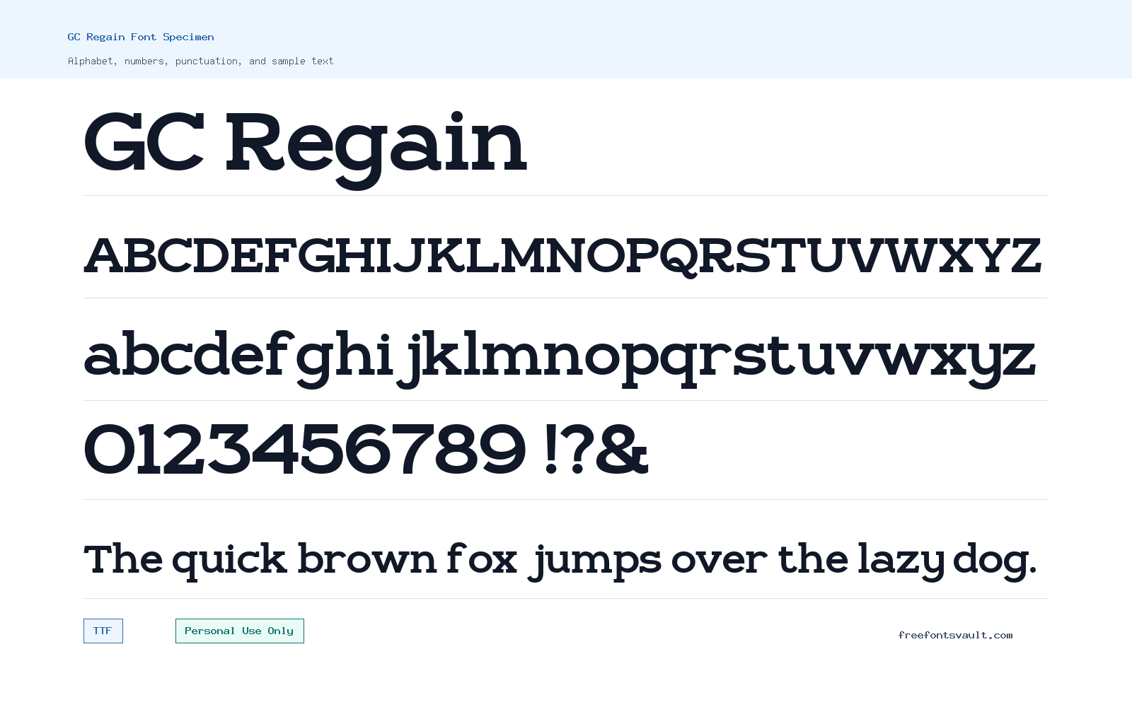 GC Regain font specimen showing alphabet, numbers, and sample text