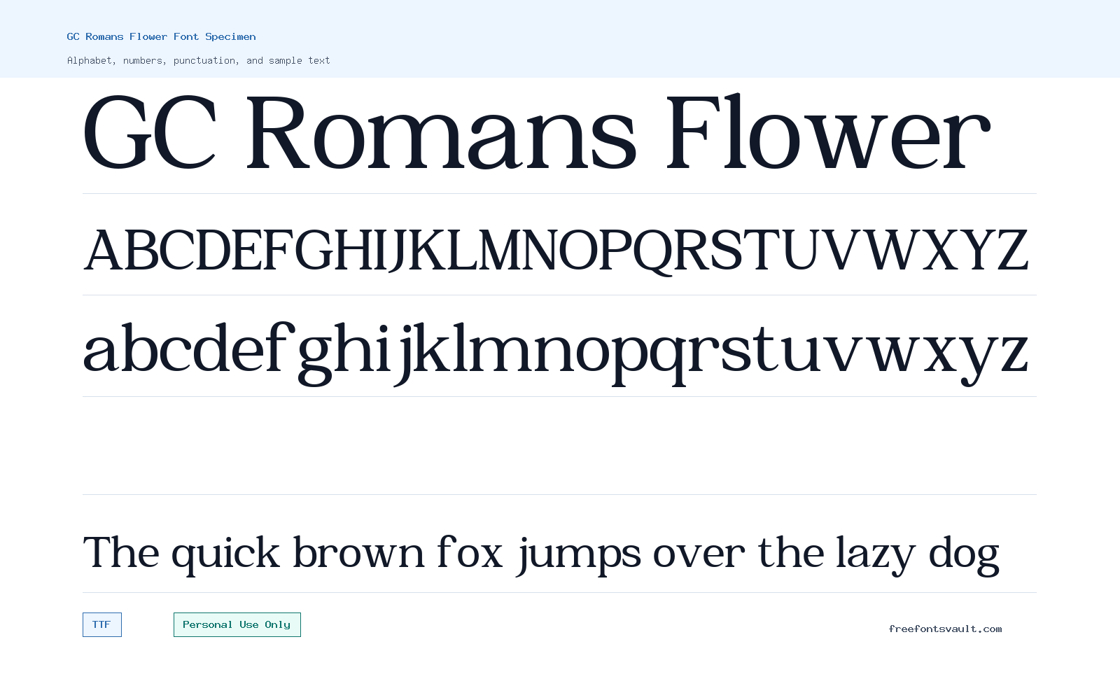 GC Romans Flower font specimen showing alphabet, numbers, and sample text