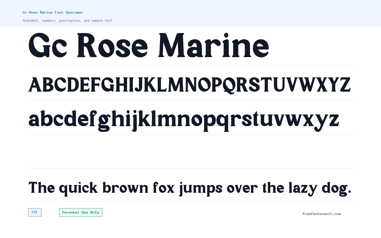 Gc Rose Marine font specimen showing alphabet, numbers, and sample text