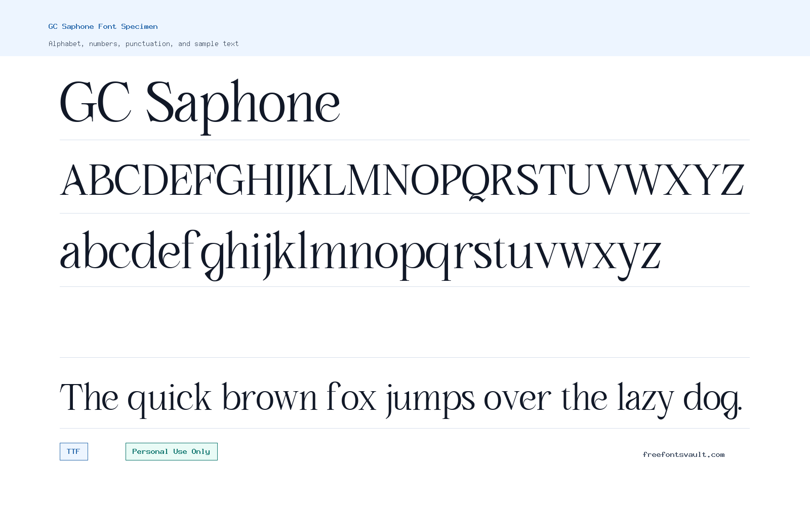 GC Saphone font specimen showing alphabet, numbers, and sample text