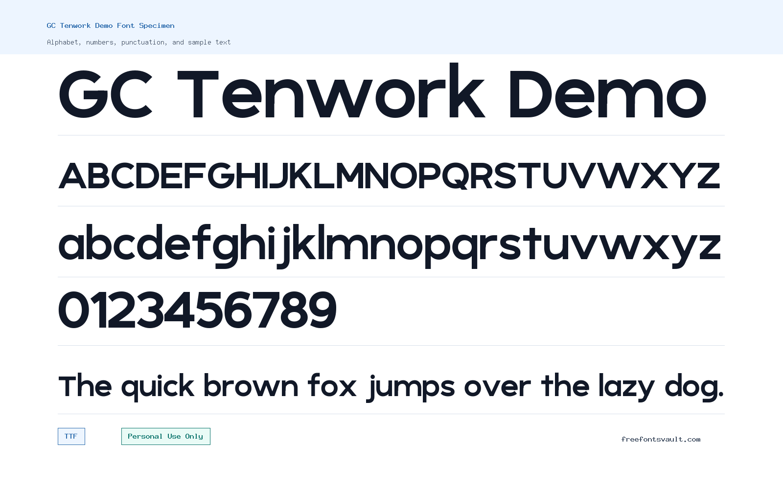 GC Tenwork Demo font specimen showing alphabet, numbers, and sample text