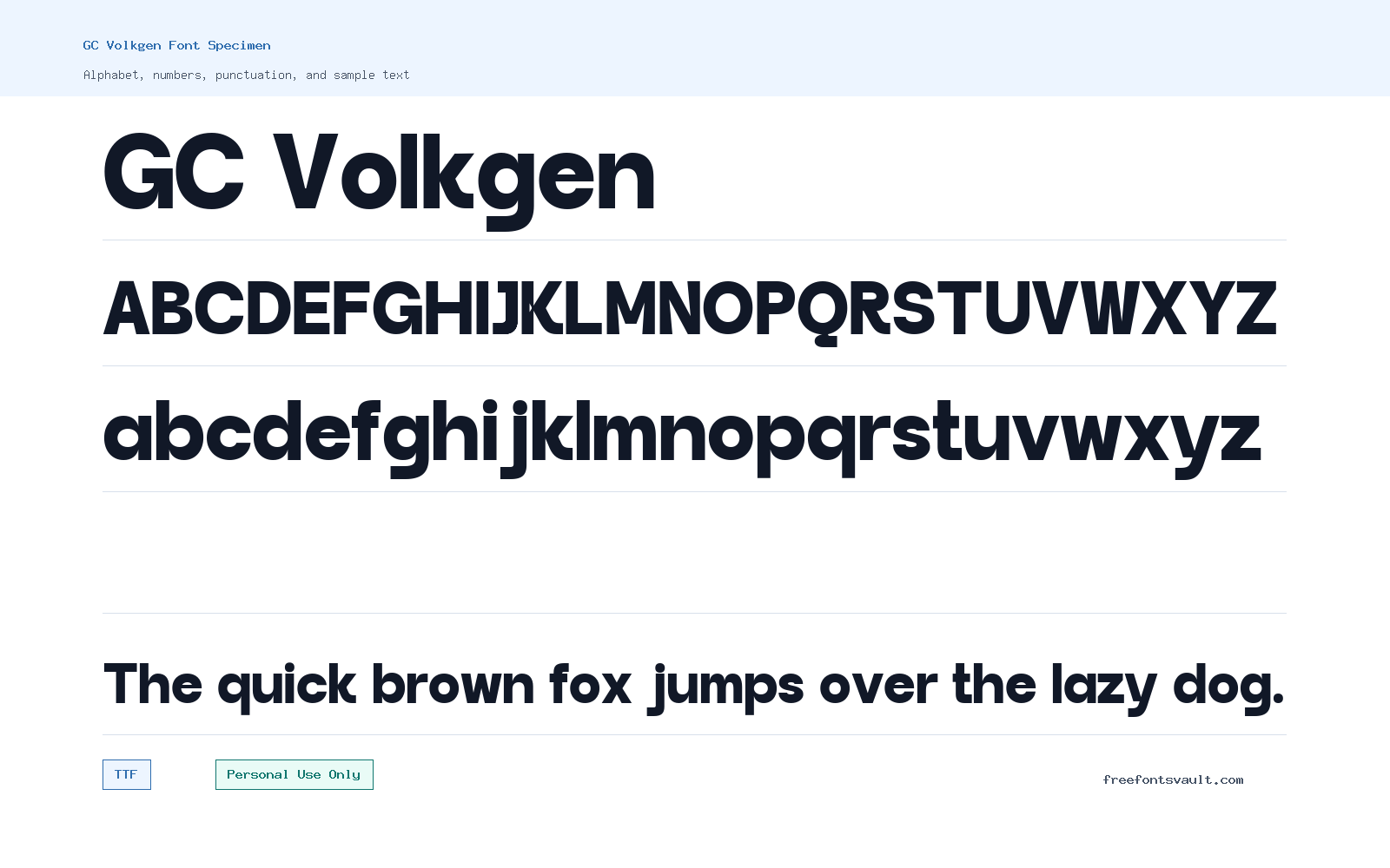 GC Volkgen font specimen showing alphabet, numbers, and sample text