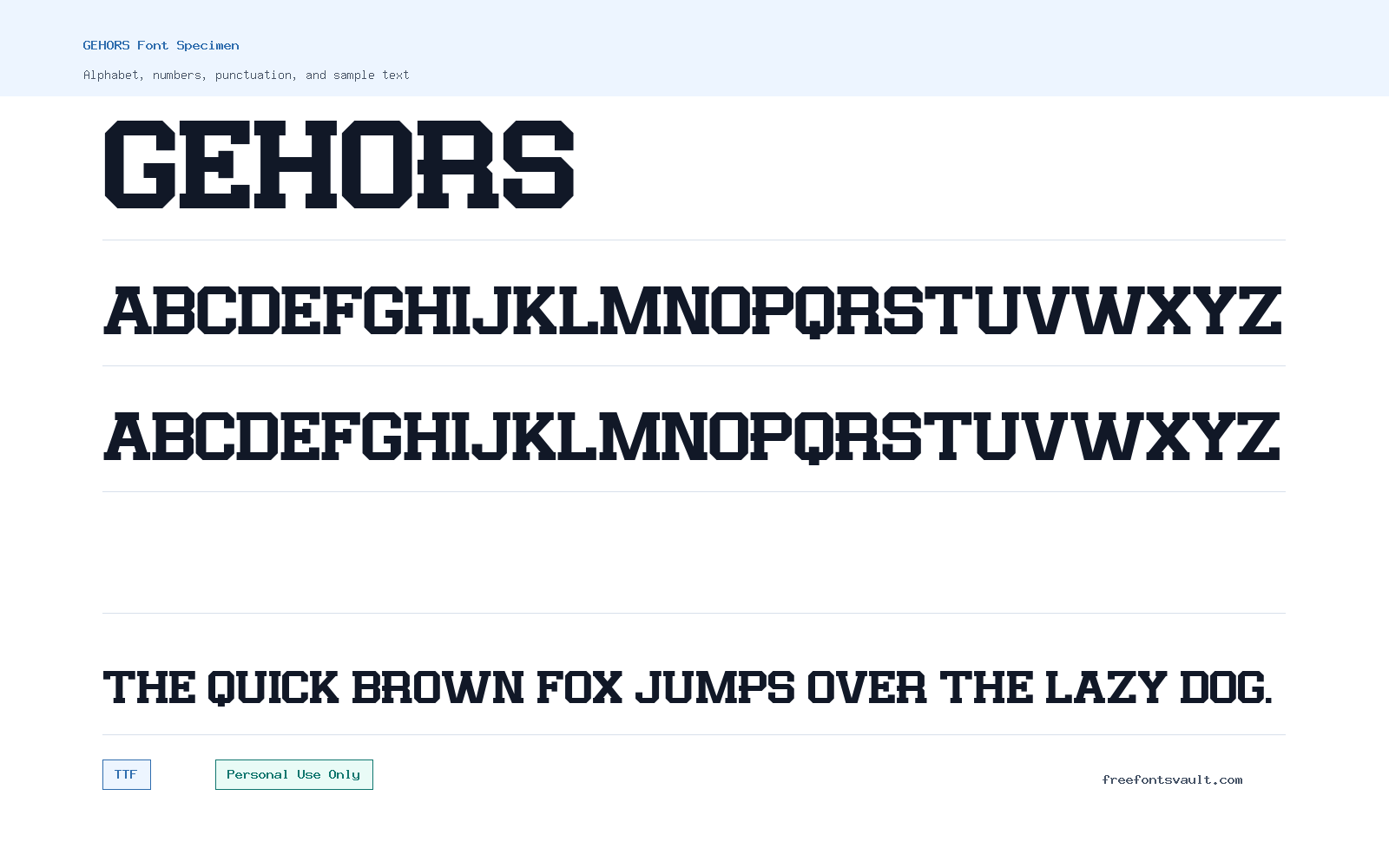GEHORS font specimen showing alphabet, numbers, and sample text