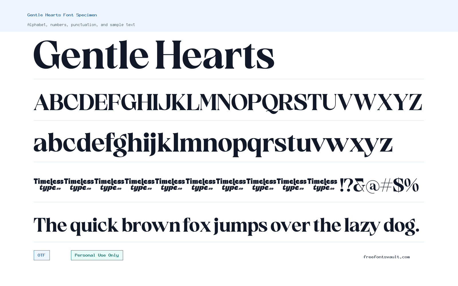Gentle Hearts font specimen showing alphabet, numbers, and sample text