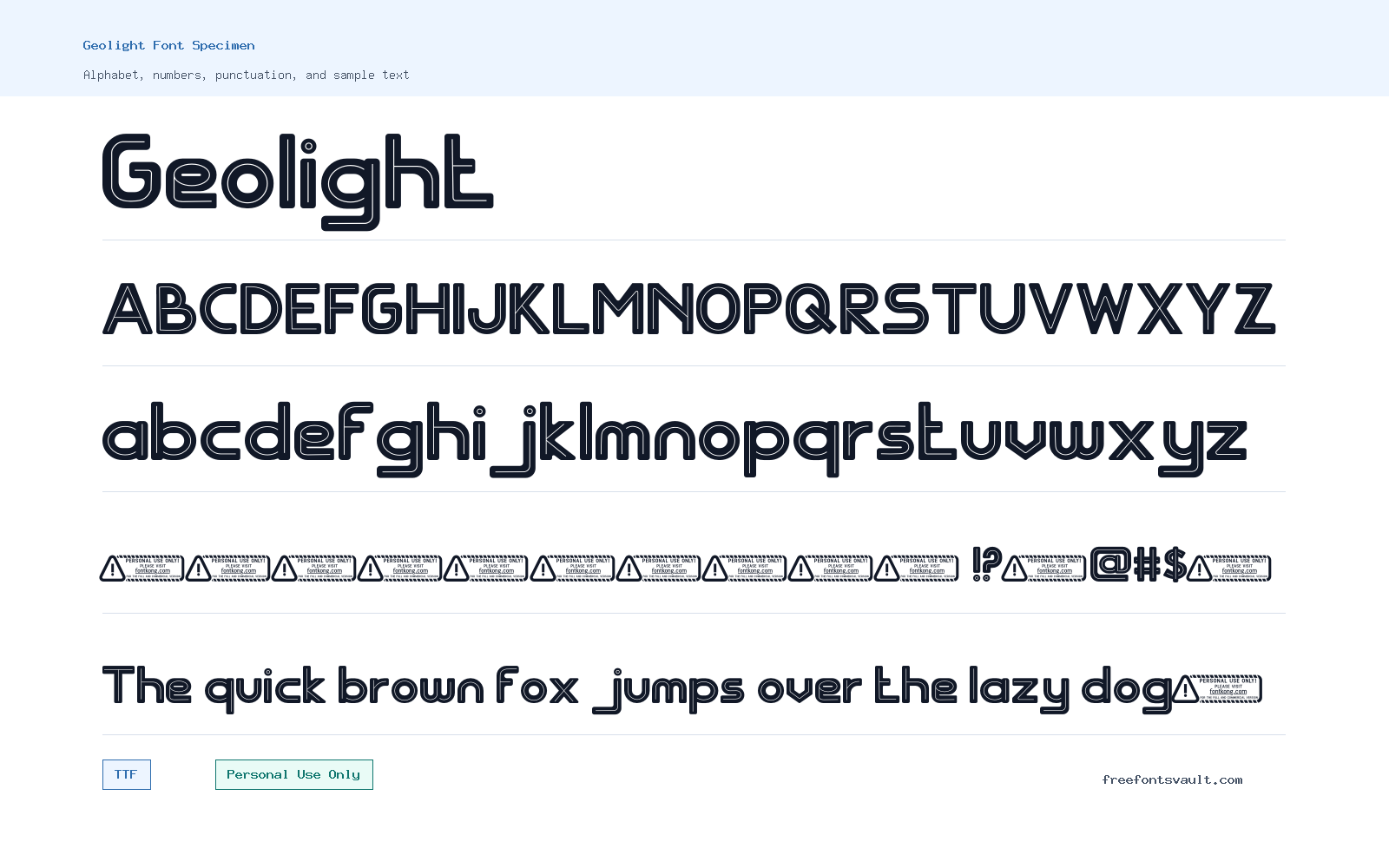 Geolight font specimen showing alphabet, numbers, and sample text