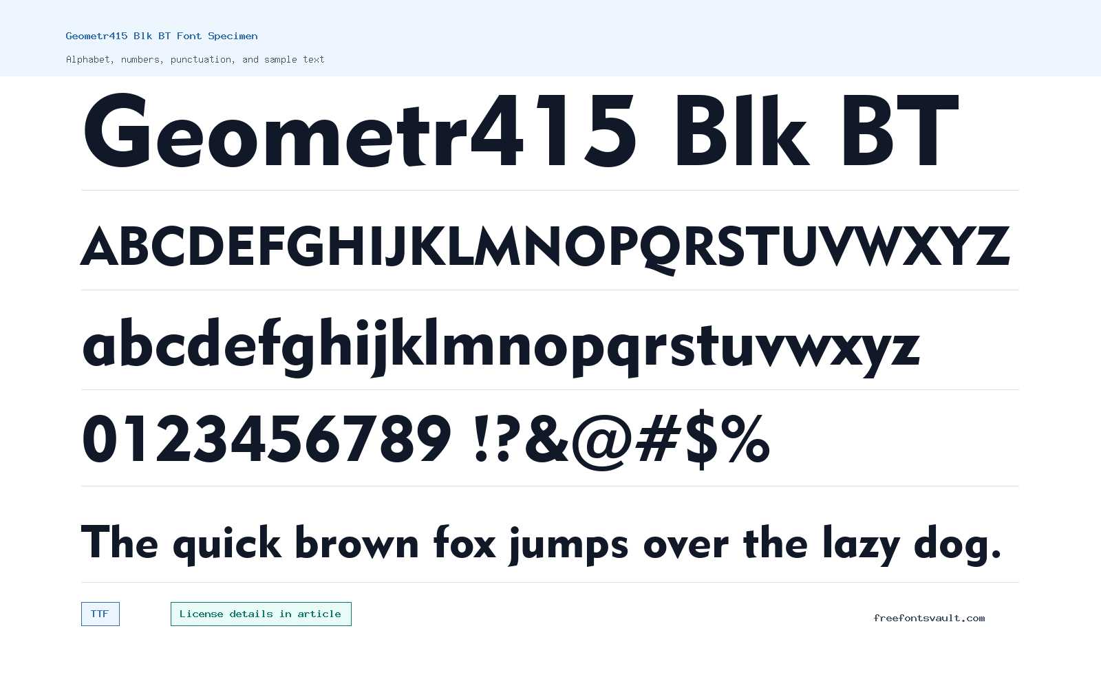 Geometr415 Blk BT font specimen showing alphabet, numbers, and sample text