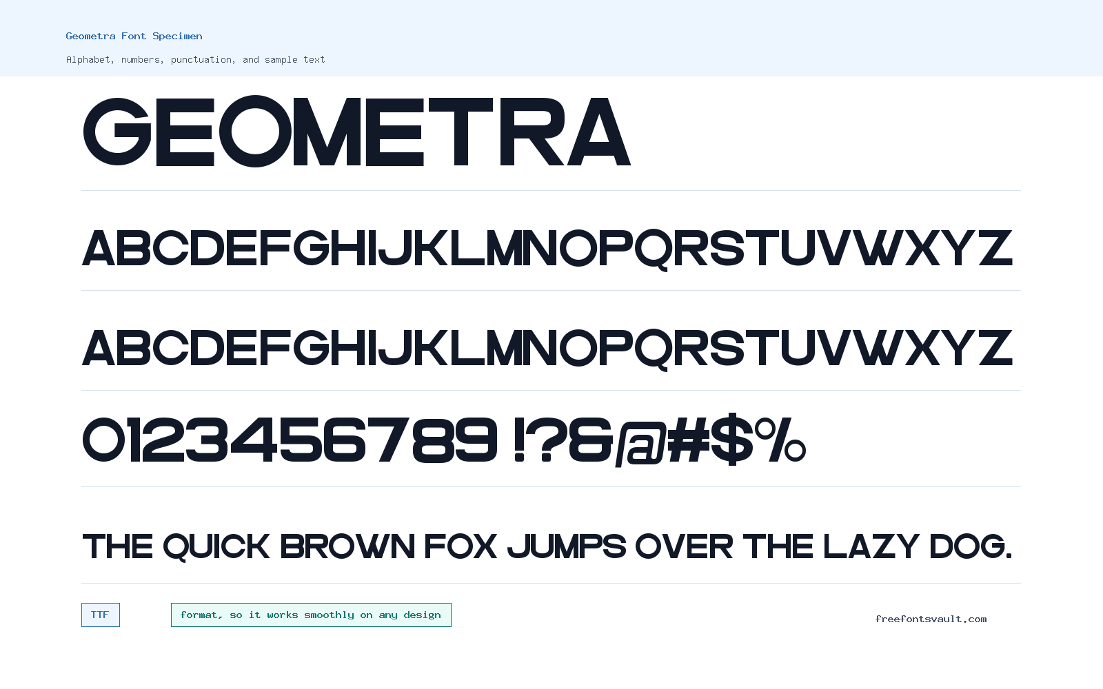 Geometra font specimen showing alphabet, numbers, and sample text