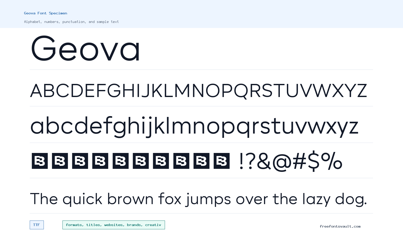 Geova font specimen showing alphabet, numbers, and sample text