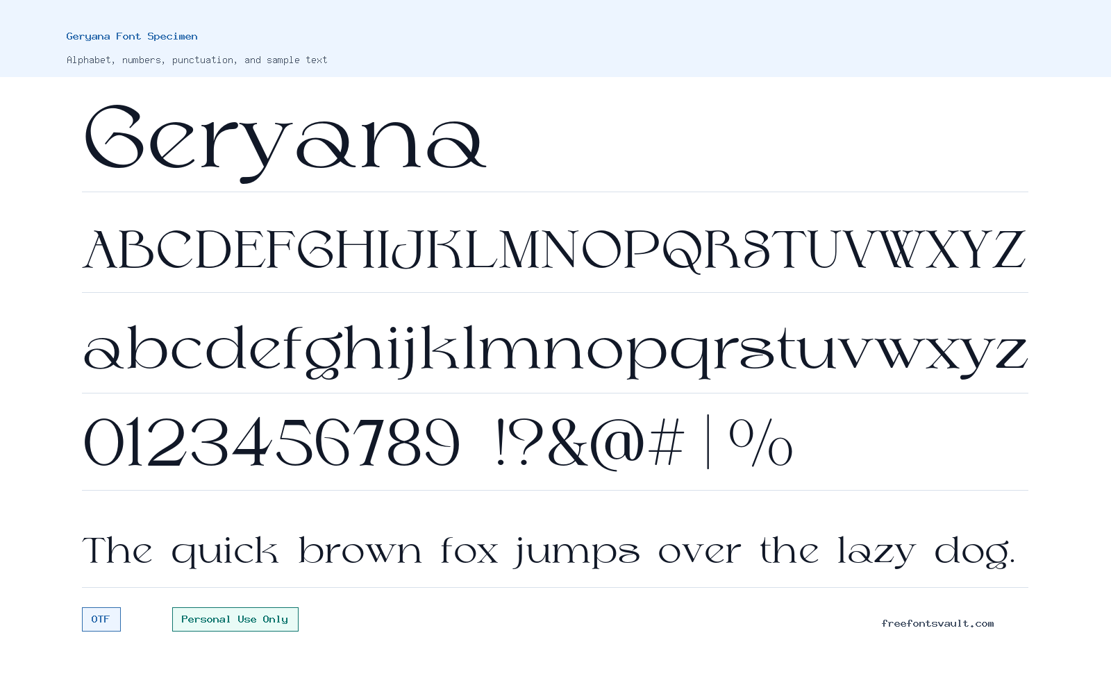 Geryana font specimen showing alphabet, numbers, and sample text
