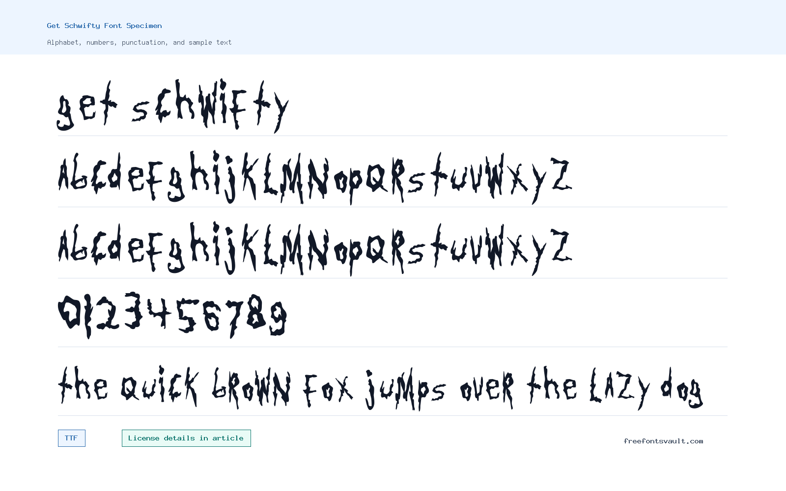 Get Schwifty font specimen showing alphabet, numbers, and sample text