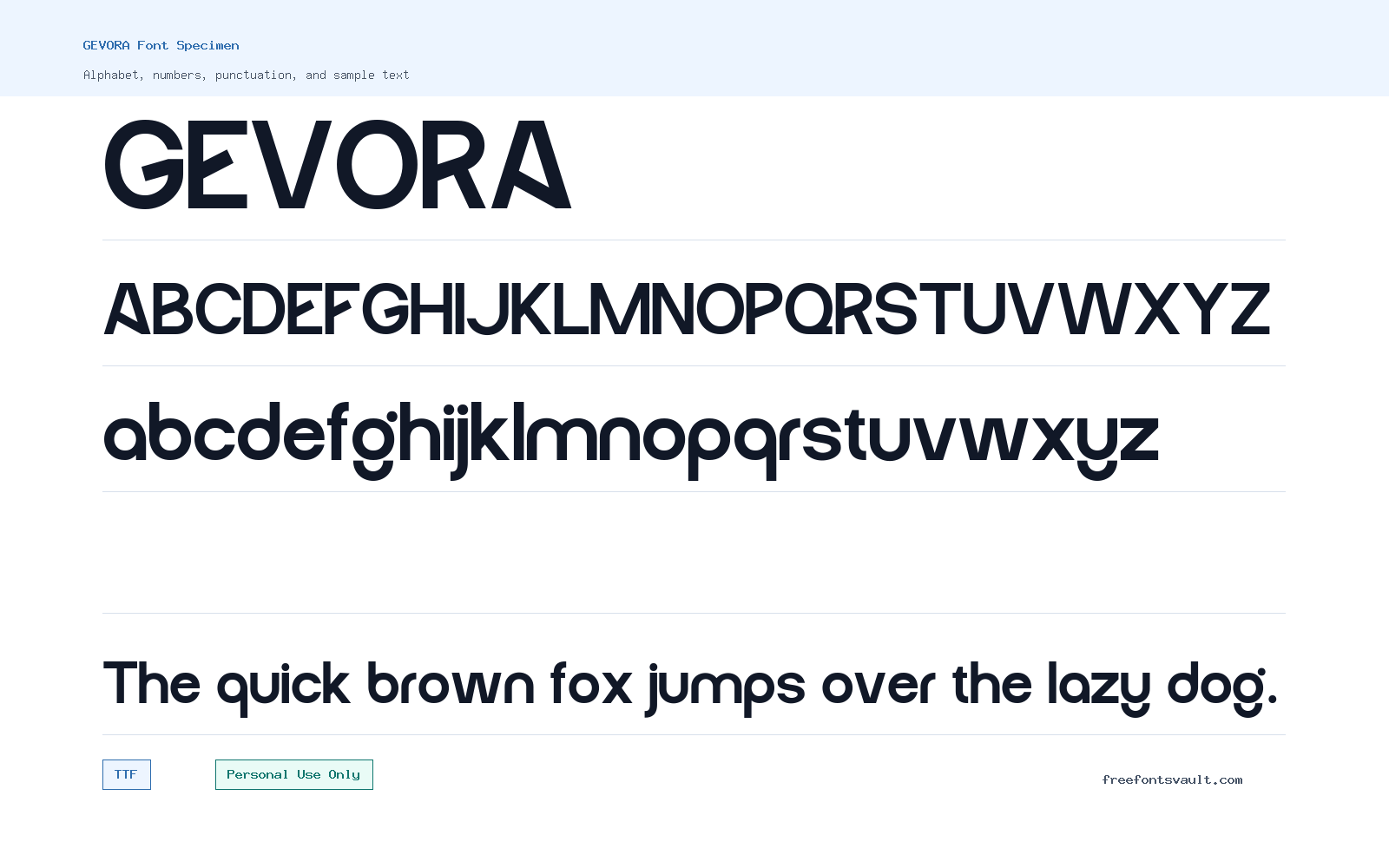 GEVORA font specimen showing alphabet, numbers, and sample text