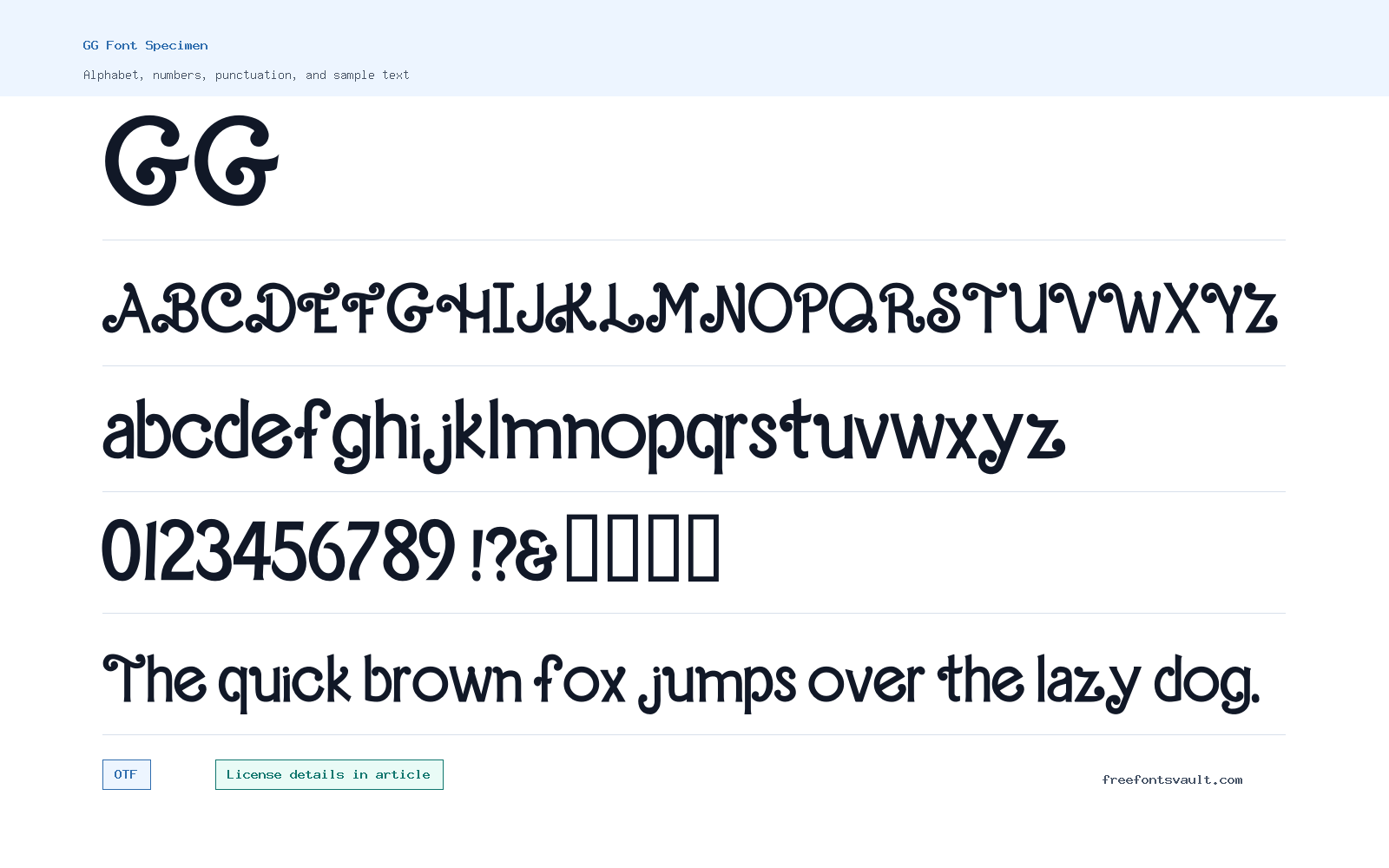 GG font specimen showing alphabet, numbers, and sample text