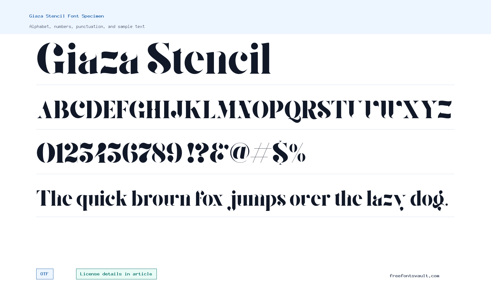 Giaza Stencil font specimen showing alphabet, numbers, and sample text