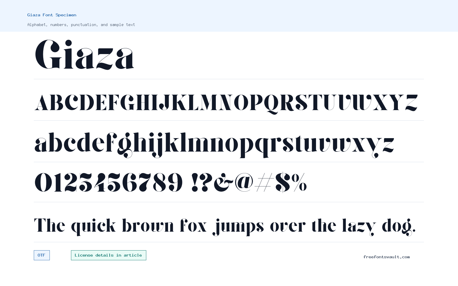 Giaza font specimen showing alphabet, numbers, and sample text