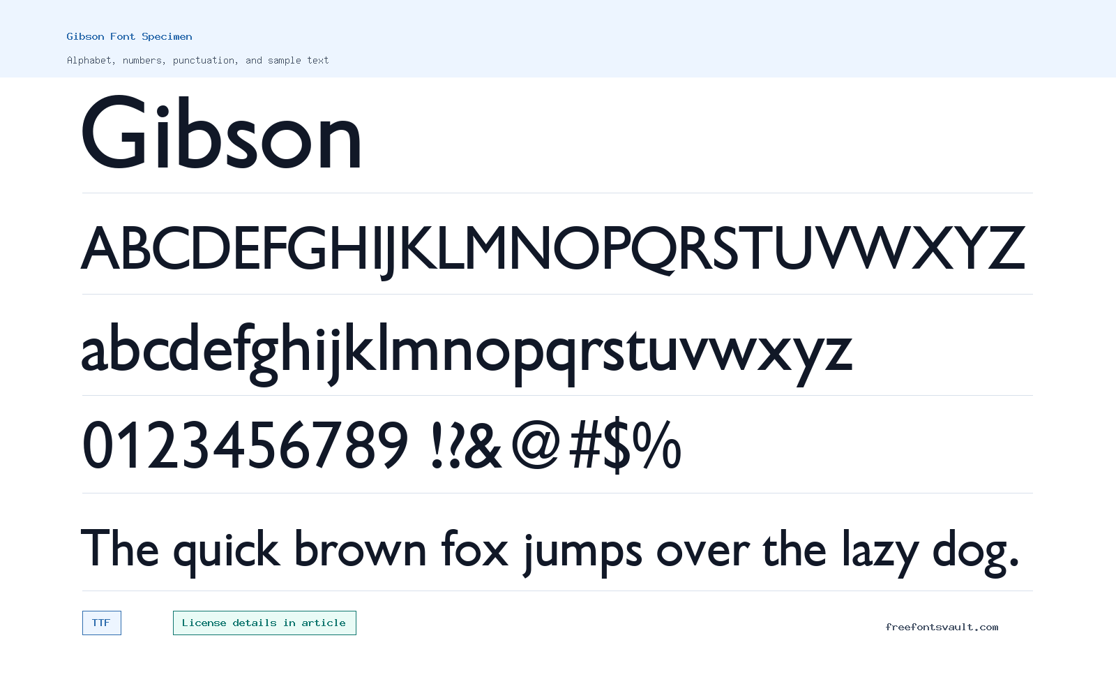 Gibson font specimen showing alphabet, numbers, and sample text