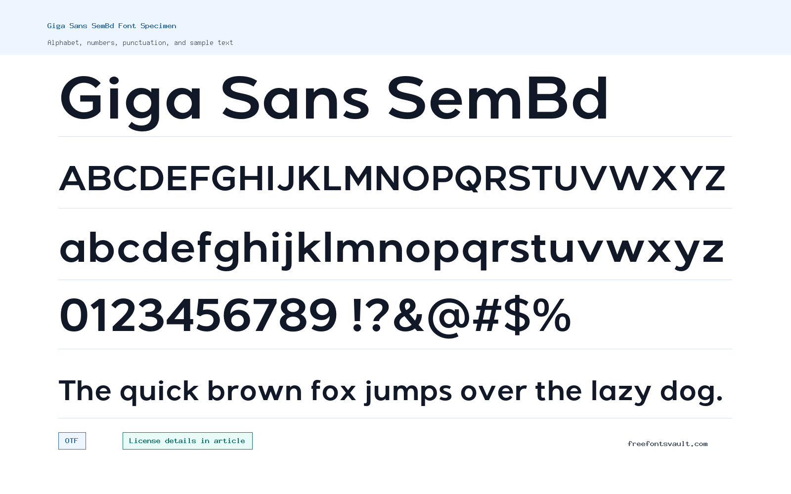 Giga Sans SemBd font specimen showing alphabet, numbers, and sample text