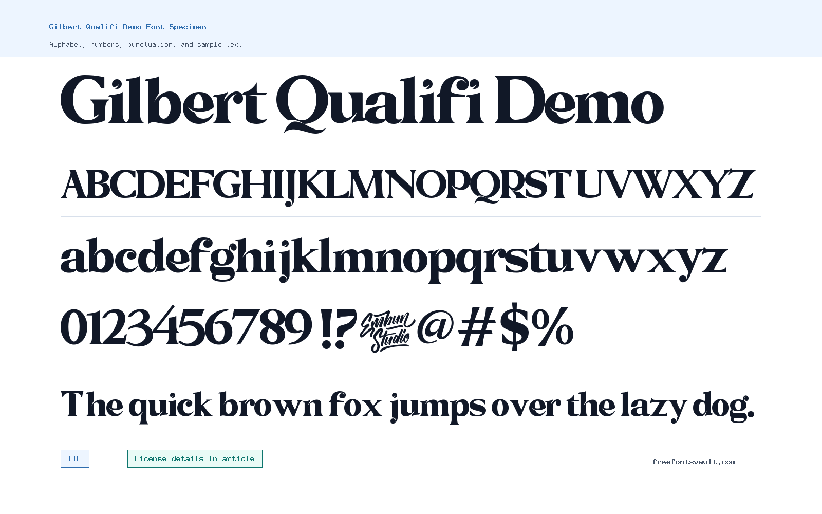 Gilbert Qualifi Demo font specimen showing alphabet, numbers, and sample text