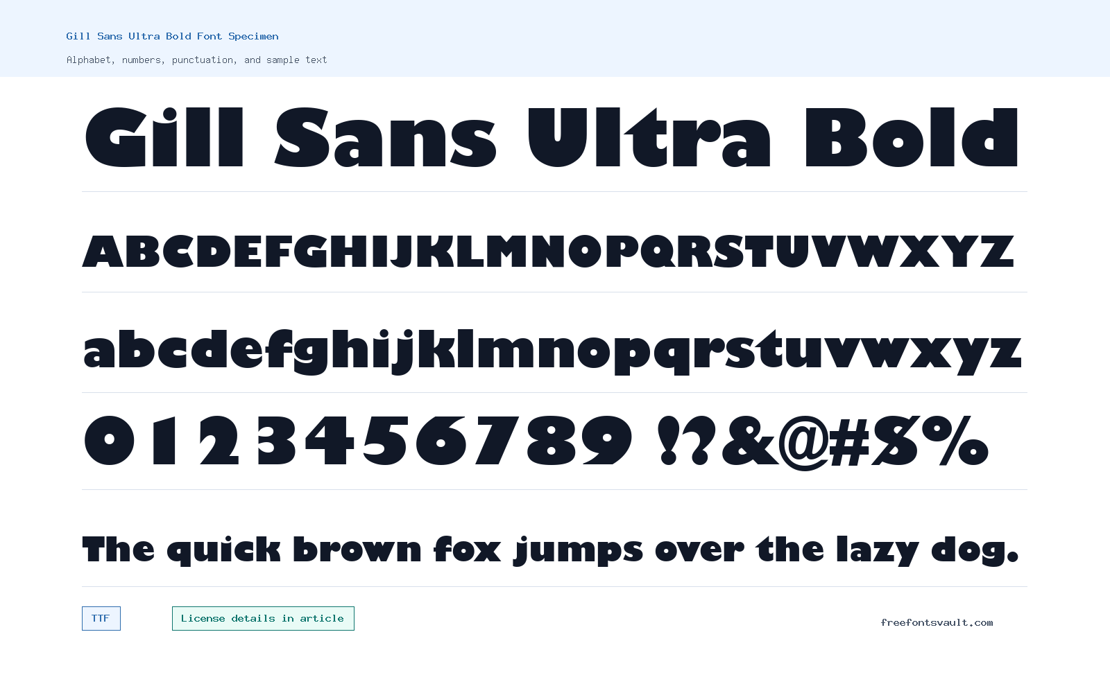 Gill Sans Ultra Bold font specimen showing alphabet, numbers, and sample text