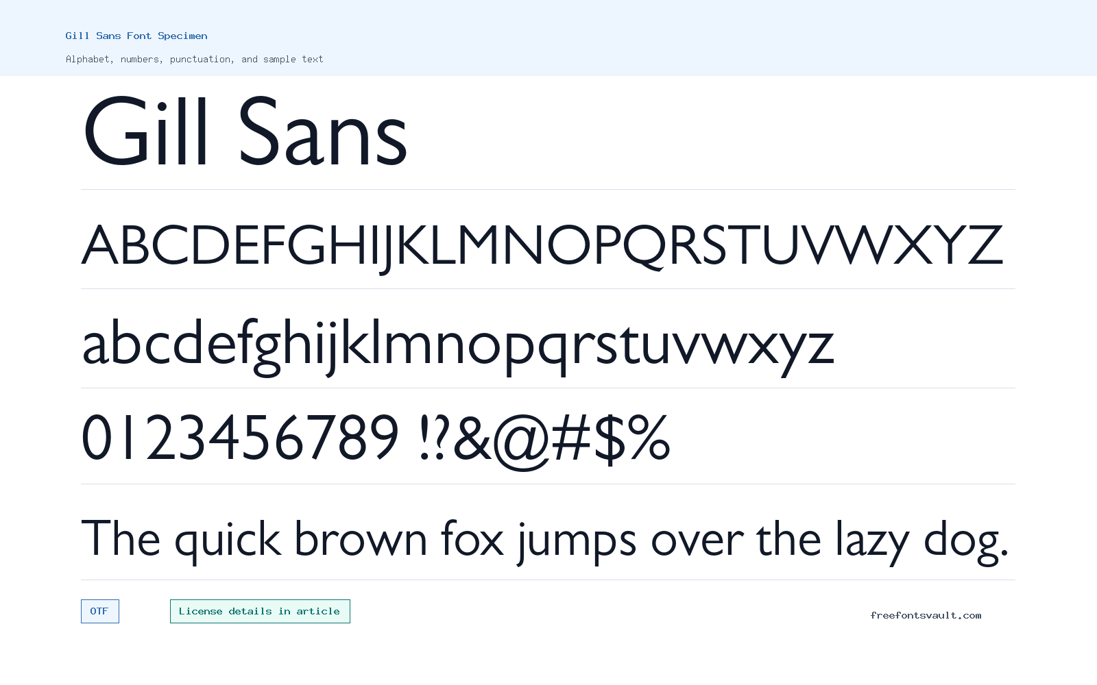 Gill Sans font specimen showing alphabet, numbers, and sample text