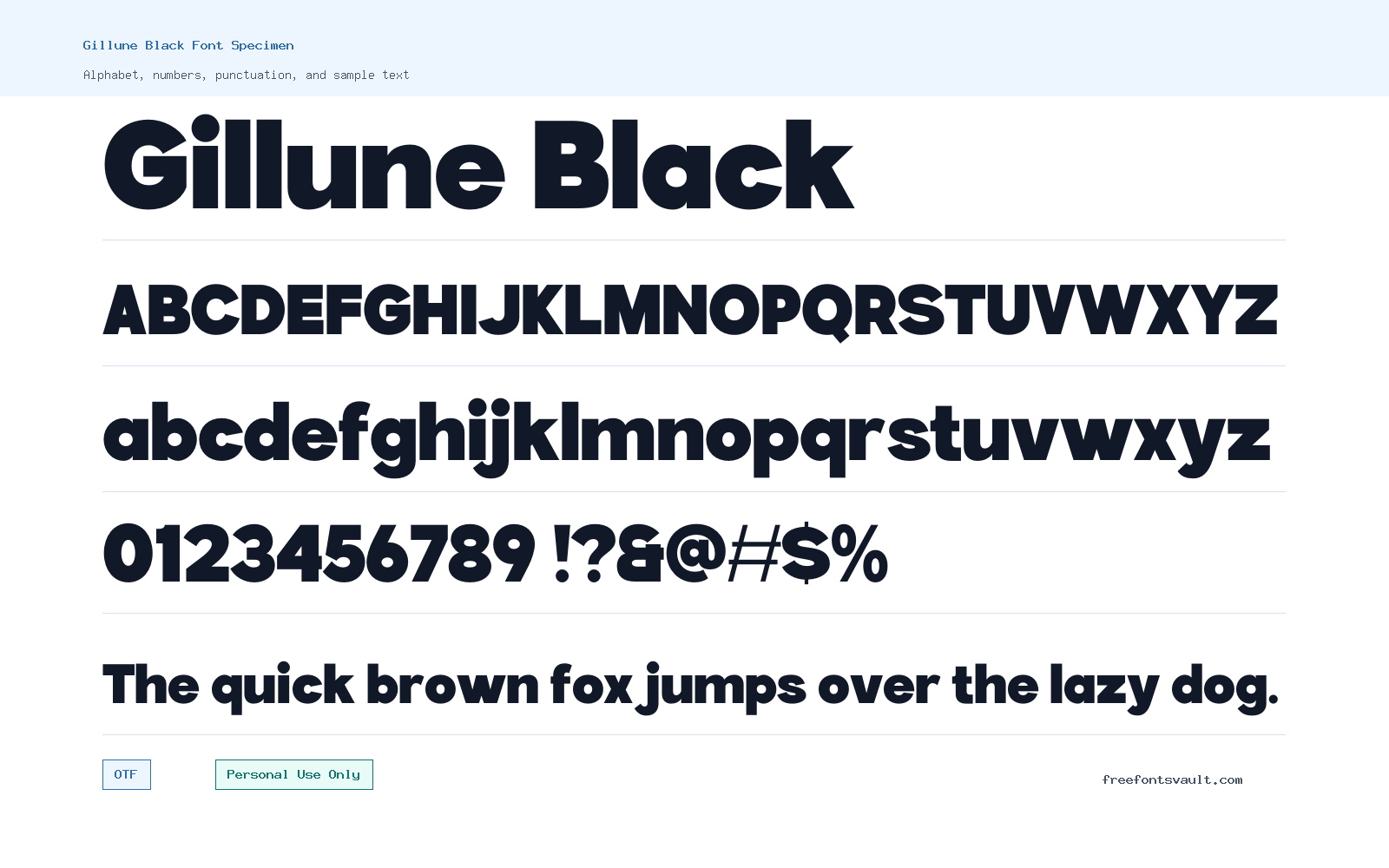 Gillune Black font specimen showing alphabet, numbers, and sample text