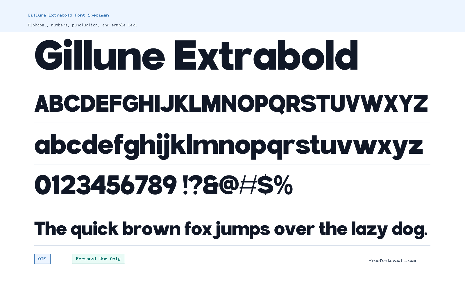 Gillune Extrabold font specimen showing alphabet, numbers, and sample text