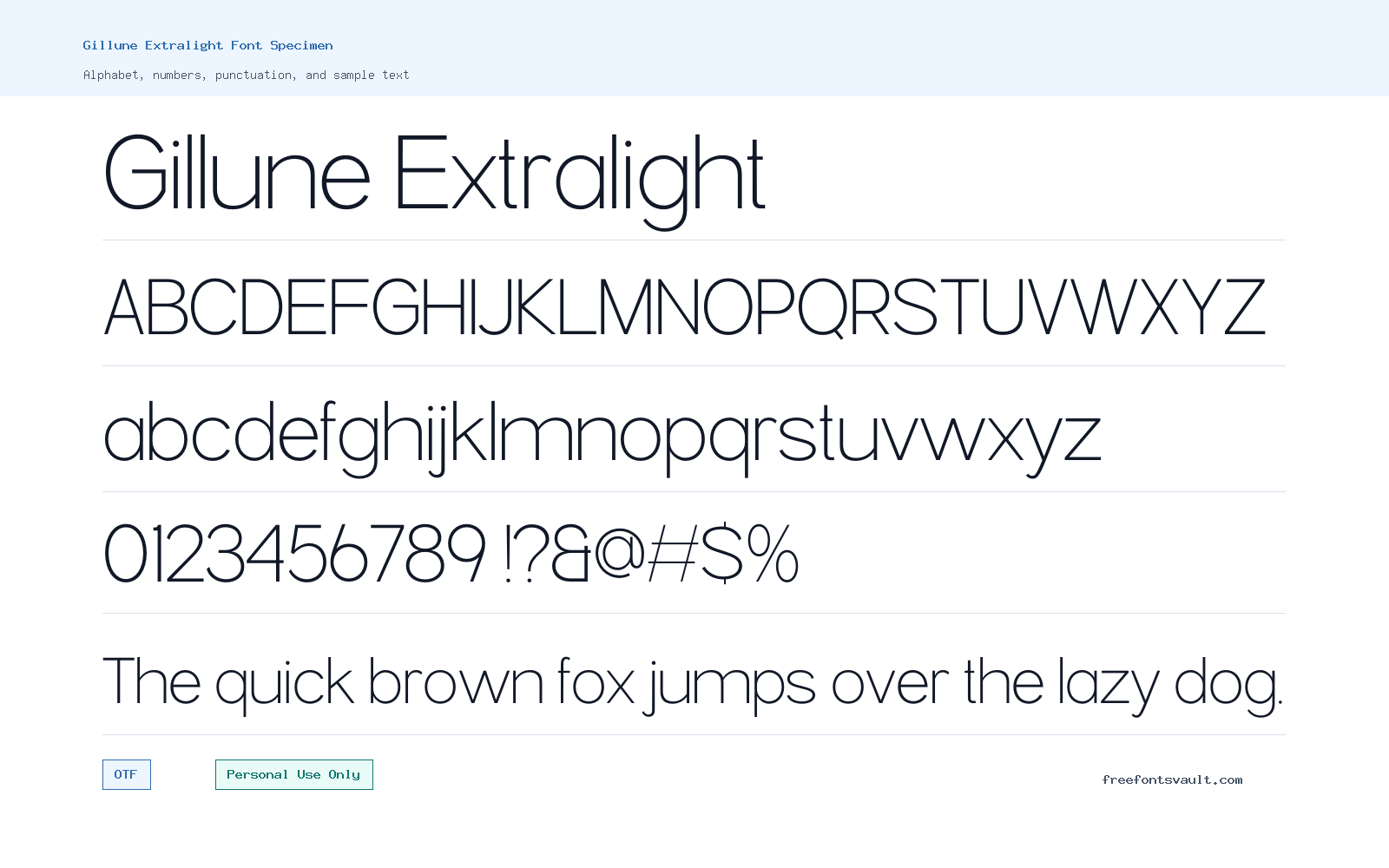 Gillune Extralight font specimen showing alphabet, numbers, and sample text