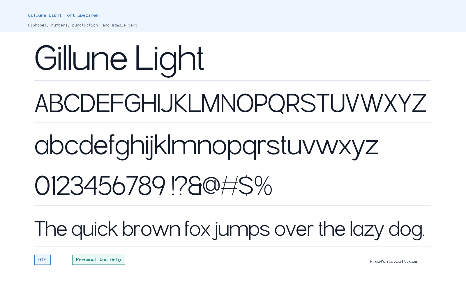Gillune Light font specimen showing alphabet, numbers, and sample text