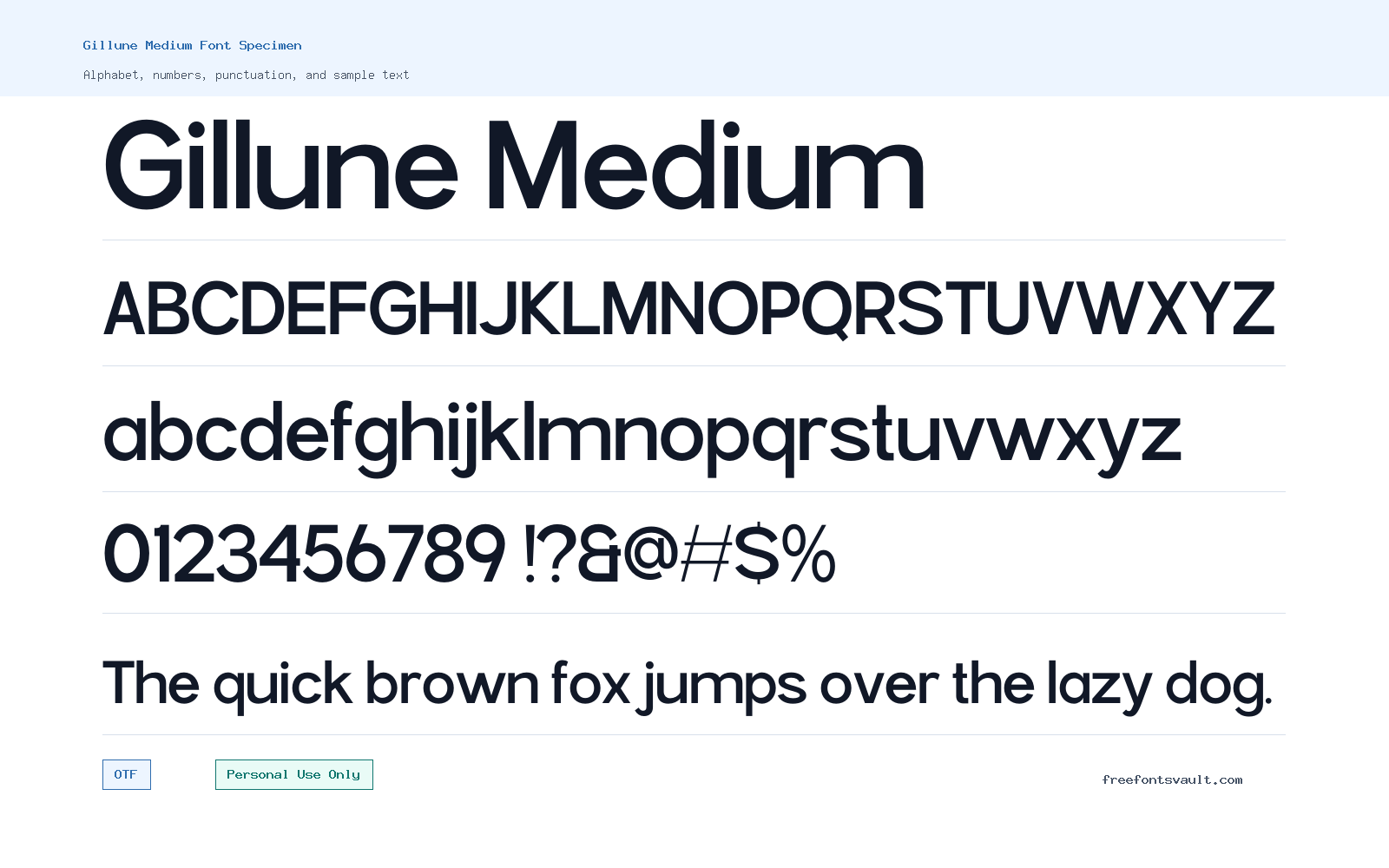 Gillune Medium font specimen showing alphabet, numbers, and sample text