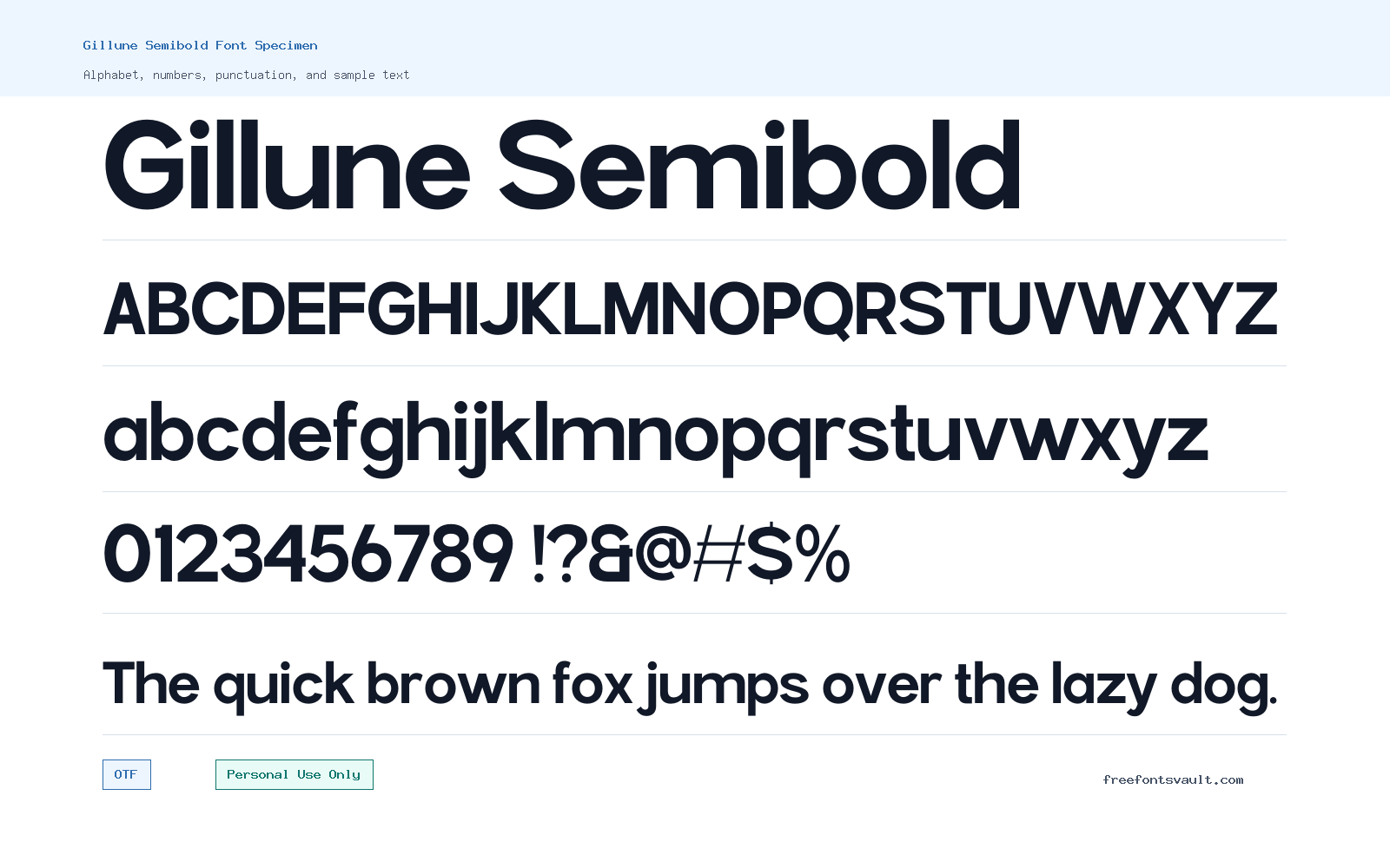 Gillune Semibold font specimen showing alphabet, numbers, and sample text