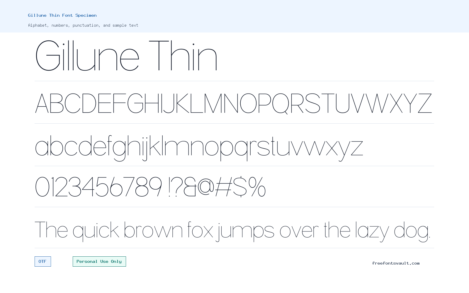 Gillune Thin font specimen showing alphabet, numbers, and sample text