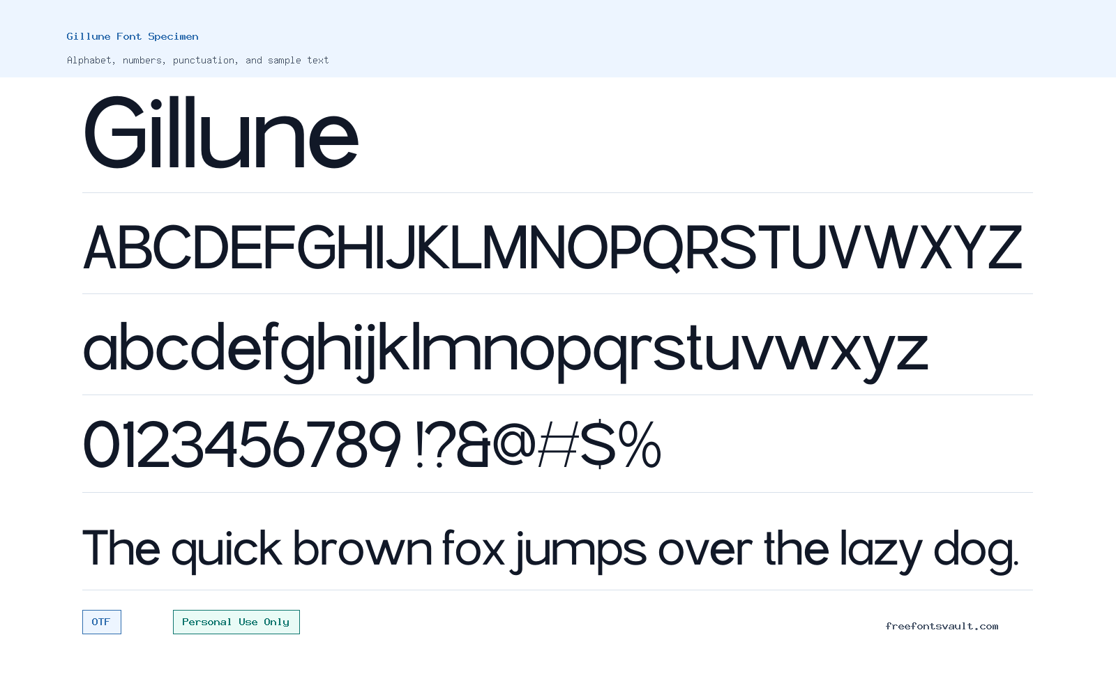 Gillune font specimen showing alphabet, numbers, and sample text