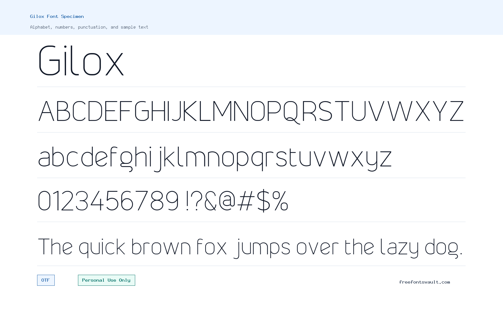 Gilox font specimen showing alphabet, numbers, and sample text