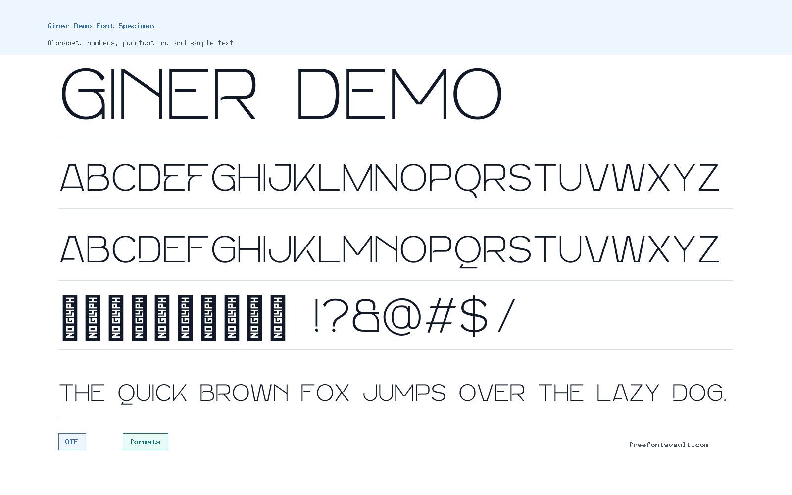 Giner Demo font specimen showing alphabet, numbers, and sample text