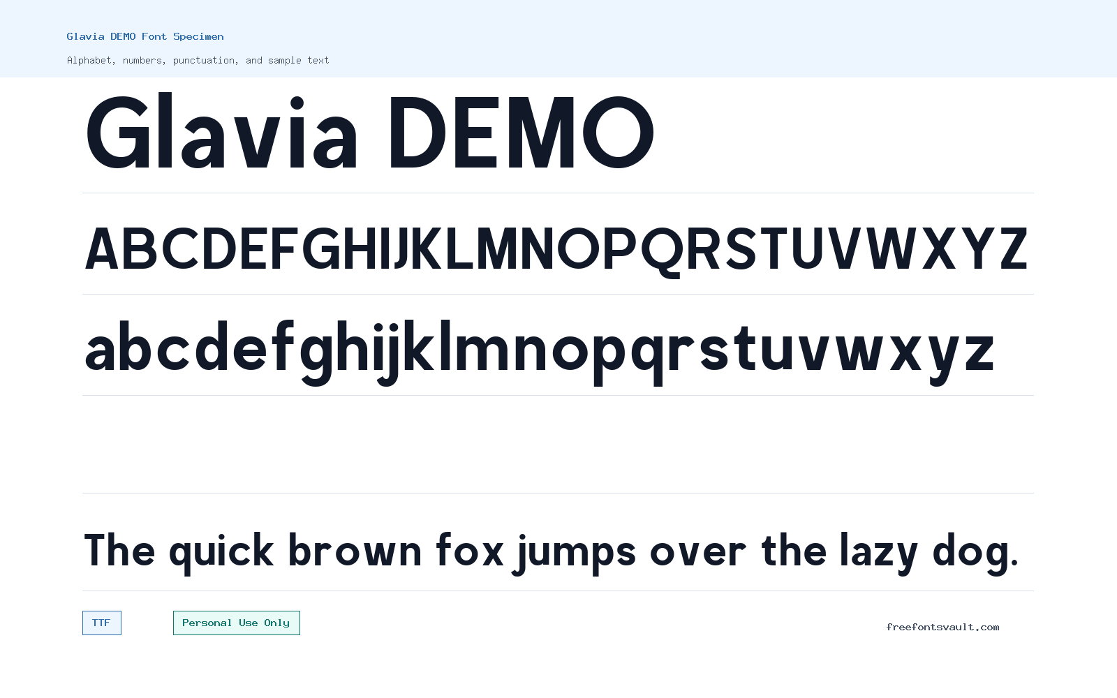 Glavia DEMO font specimen showing alphabet, numbers, and sample text