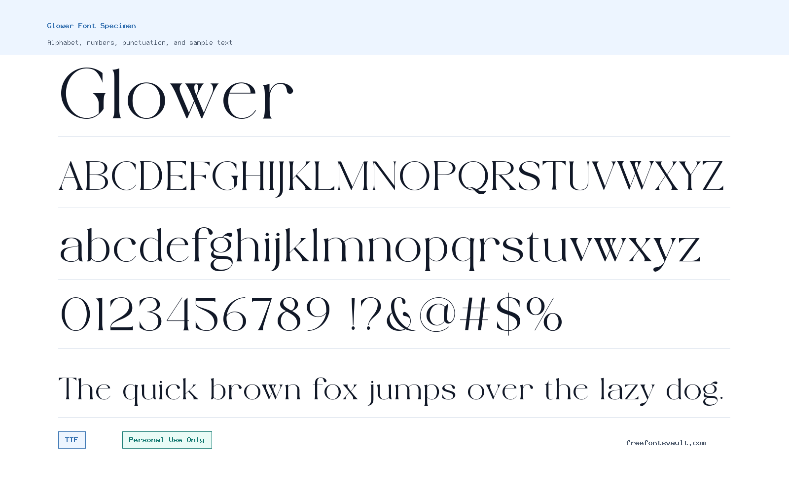 Glower font specimen showing alphabet, numbers, and sample text
