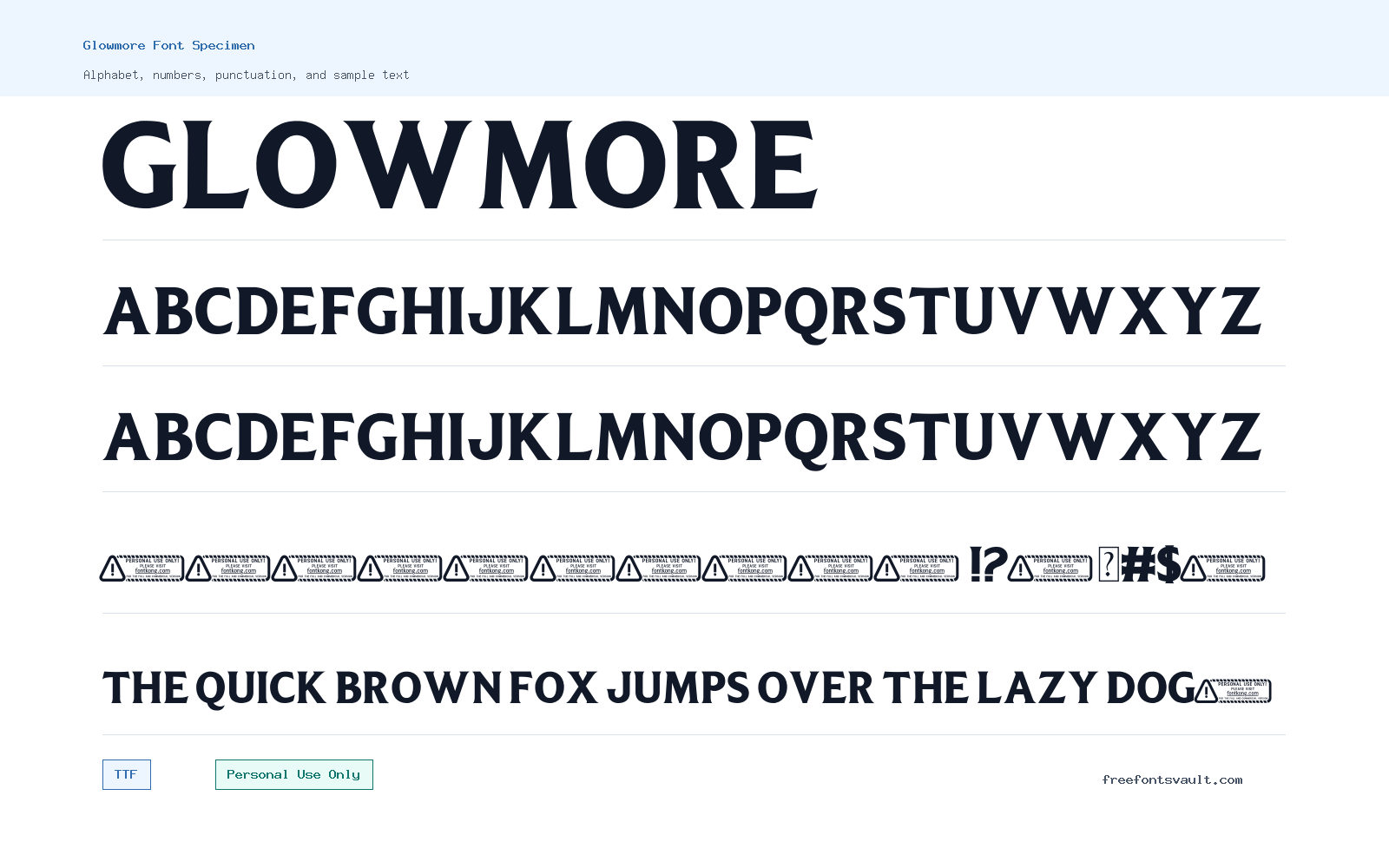 Glowmore font specimen showing alphabet, numbers, and sample text
