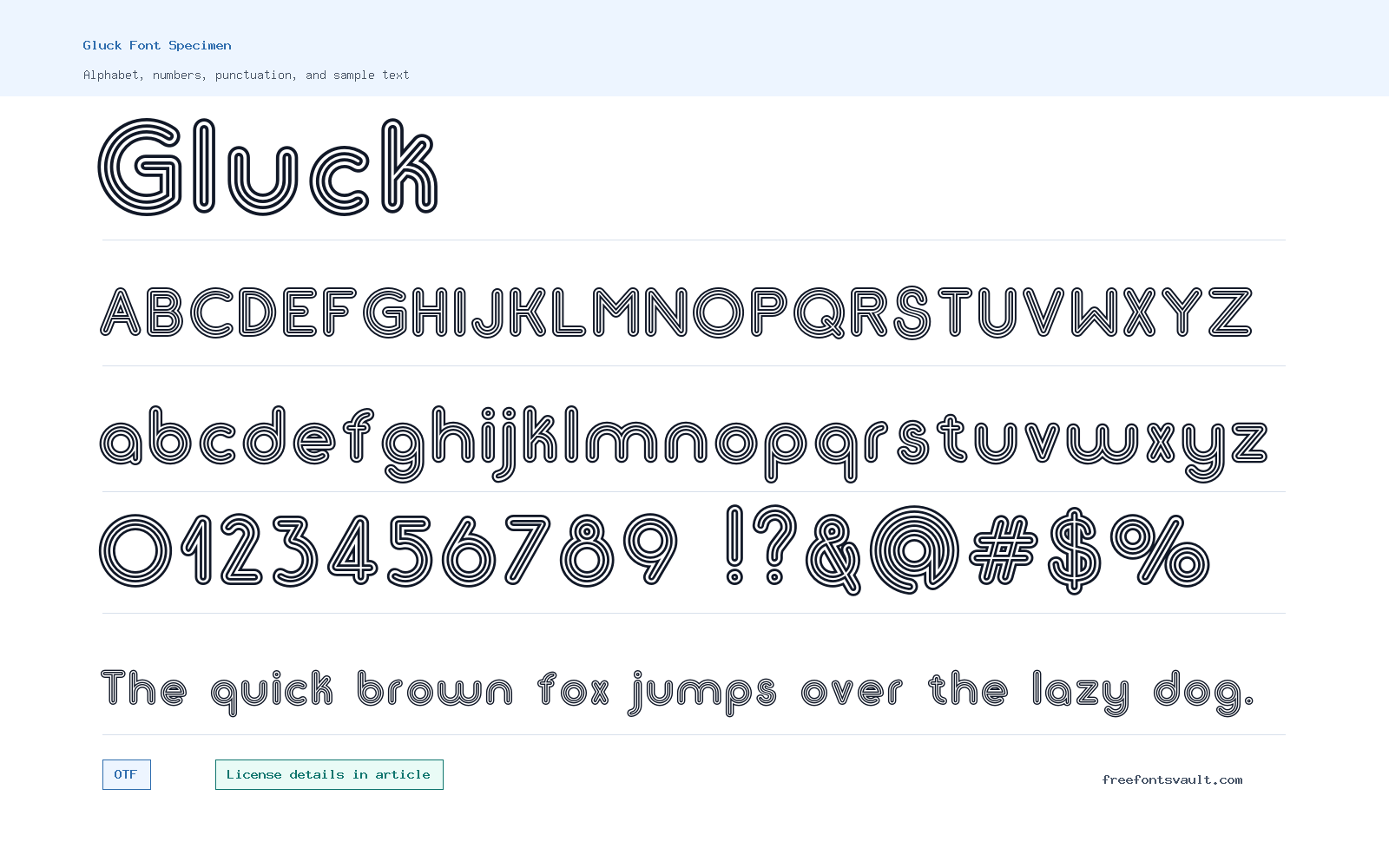 Gluck font specimen showing alphabet, numbers, and sample text