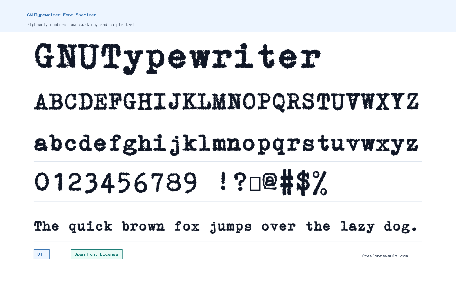 GNUTypewriter font specimen showing alphabet, numbers, and sample text