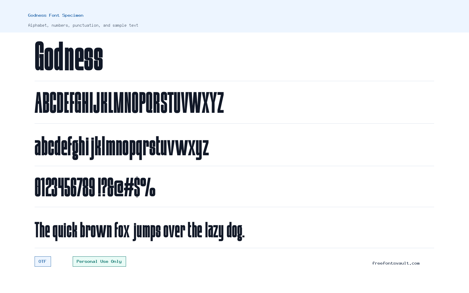 Godness font specimen showing alphabet, numbers, and sample text