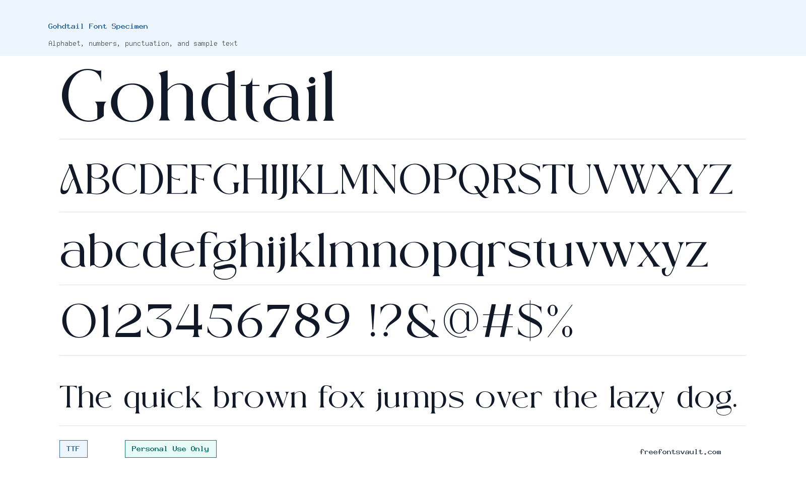 Gohdtail font specimen showing alphabet, numbers, and sample text
