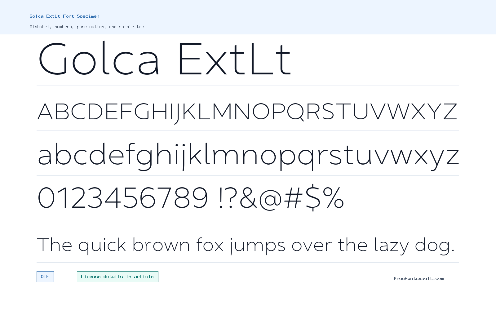 Golca ExtLt font specimen showing alphabet, numbers, and sample text