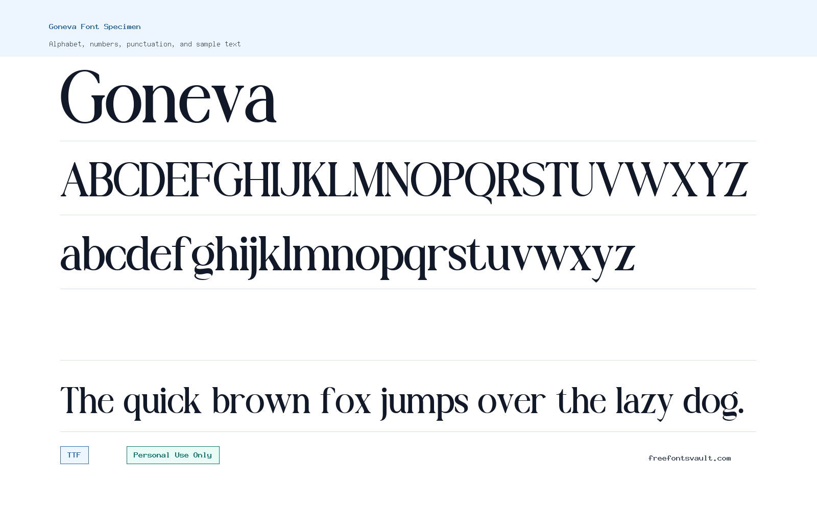 Goneva font specimen showing alphabet, numbers, and sample text