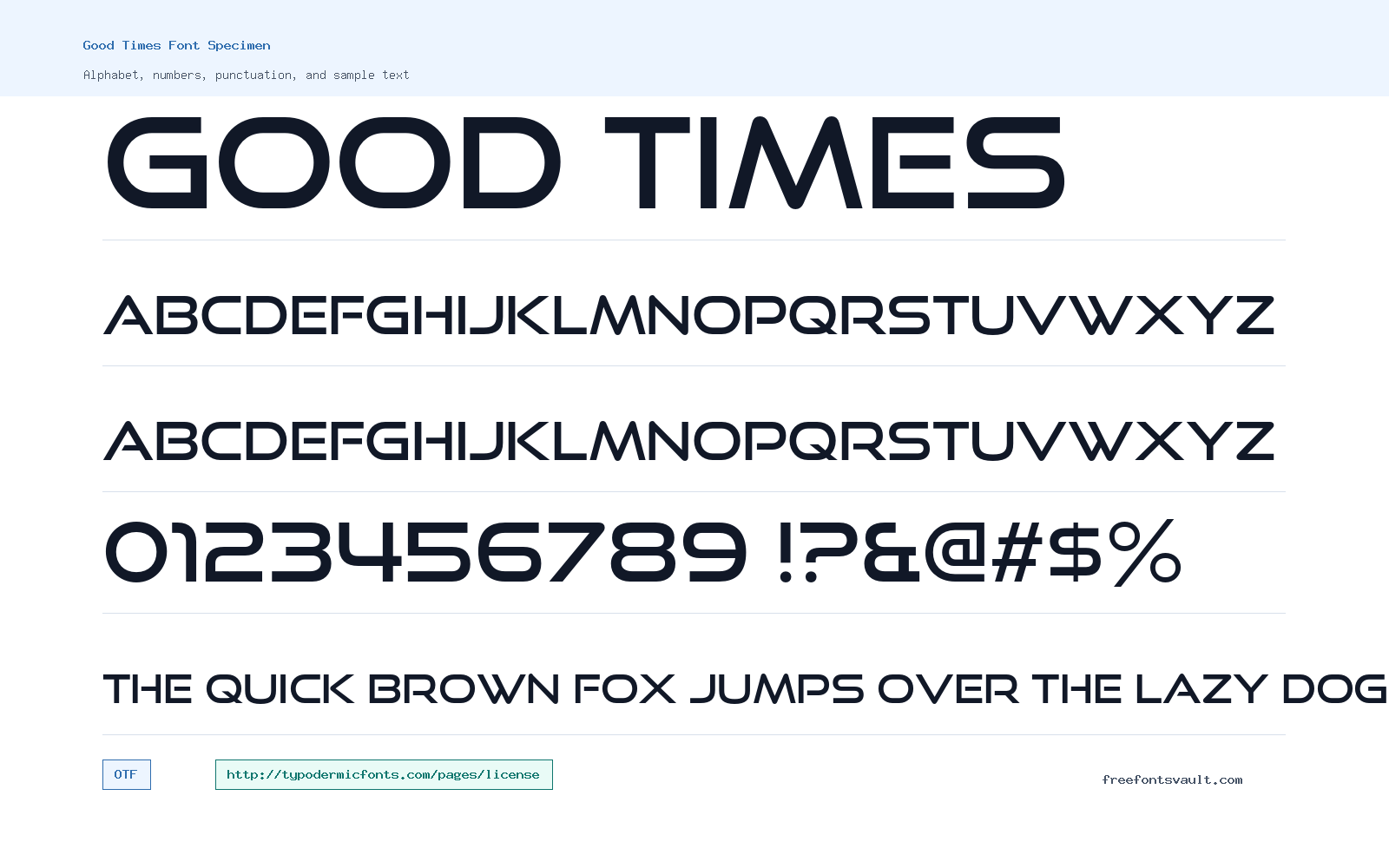 Good Times font specimen showing alphabet, numbers, and sample text