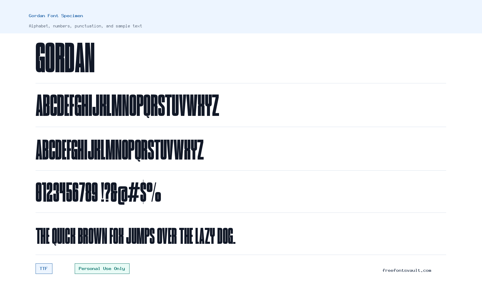 Gordan font specimen showing alphabet, numbers, and sample text