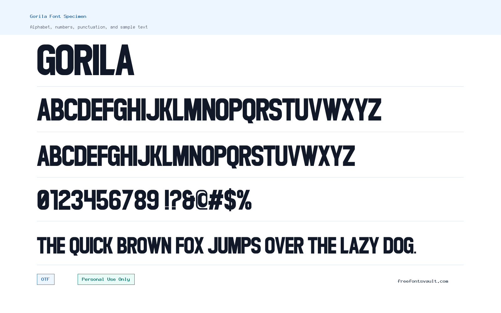 Gorila font specimen showing alphabet, numbers, and sample text