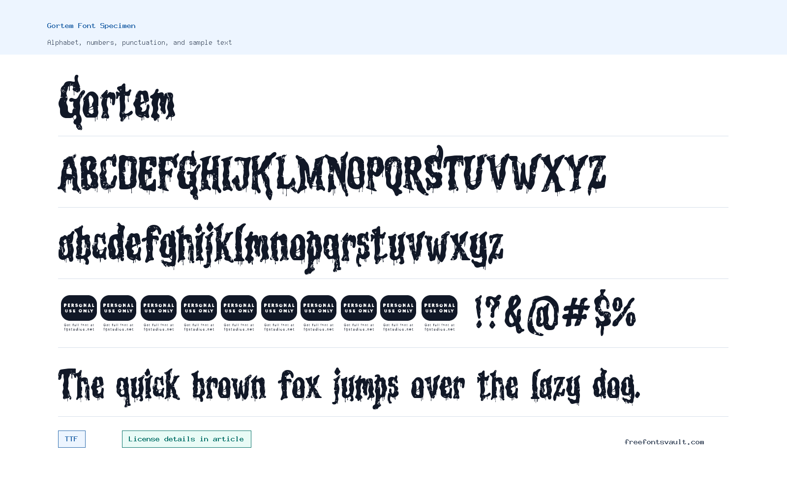 Gortem font specimen showing alphabet, numbers, and sample text