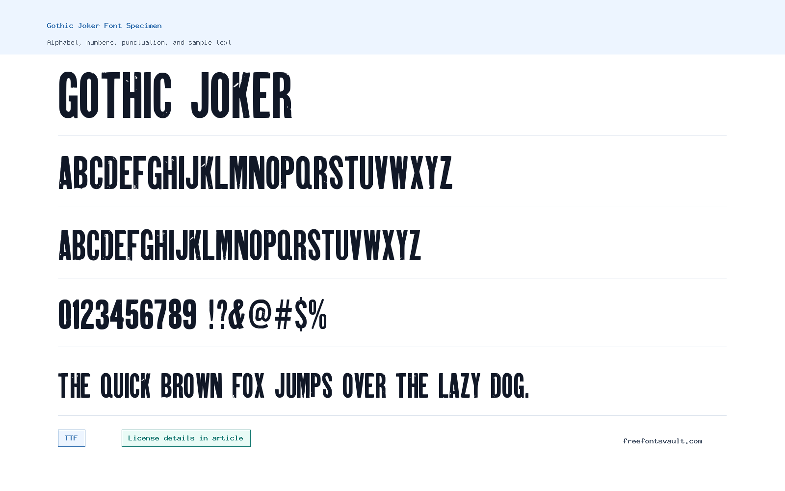 Gothic Joker font specimen showing alphabet, numbers, and sample text